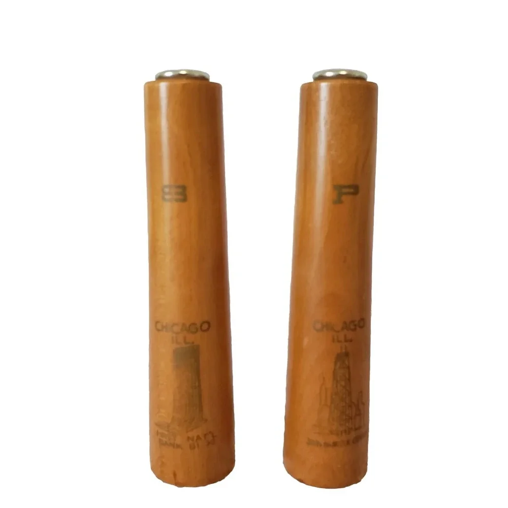 Vintage Chicago Mid Century Atomic Wood Salt & Pepper Shaker First Bank Hancock